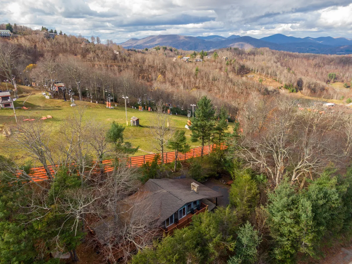 The cabin sits amidst tall trees with a dramatic mountain backdrop, blending harmoniously into the landscape. A fenced yard suggests a safe, private space for gatherings, and the scene exudes calm with hints of hiking trails nearby. The sky is clear, emphasizing the crisp mountain air and inviting exploration.