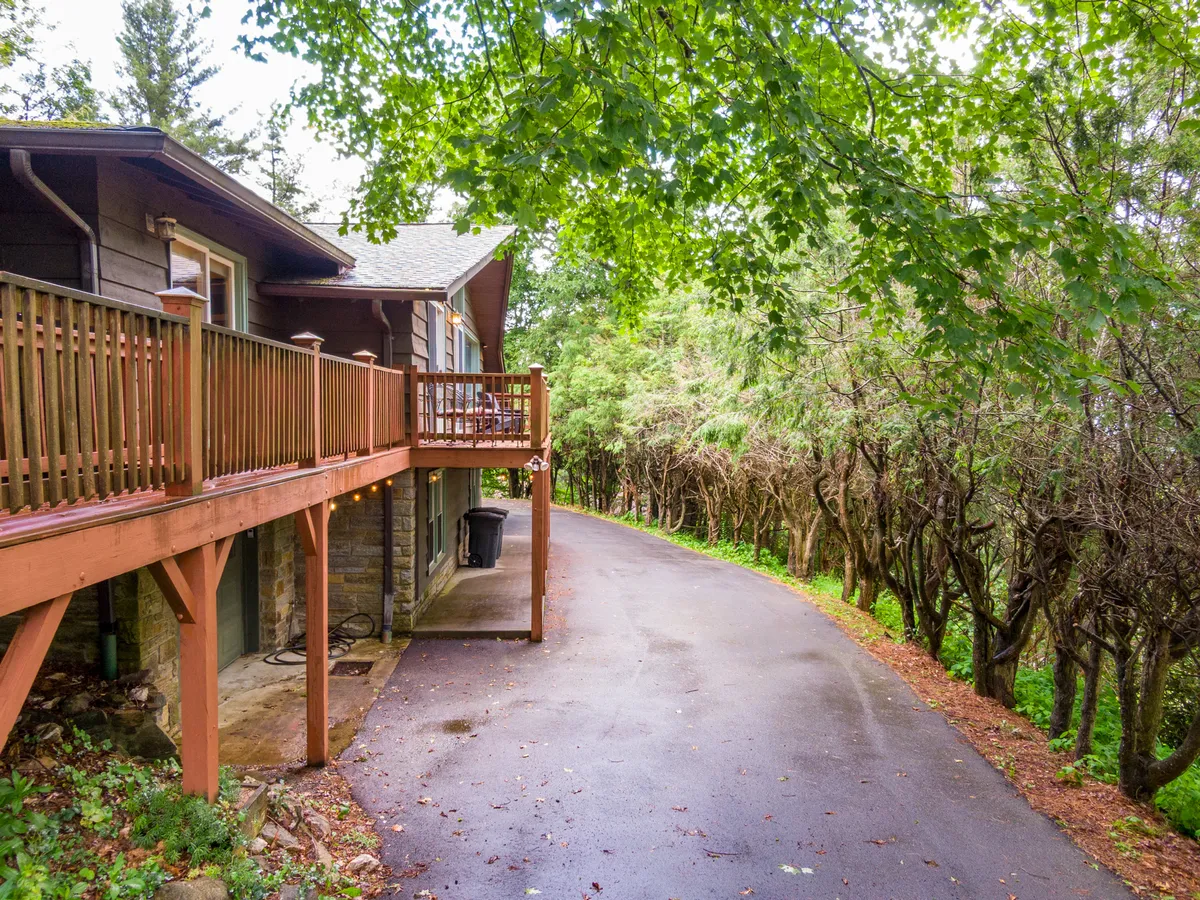 A peaceful wooden deck surrounded by dense trees, with a driveway leading into nature. The deck offers a transition from cabin to outdoors, perfect for relaxing or gearing up for a walk, and suggests a welcoming, pet-friendly environment.